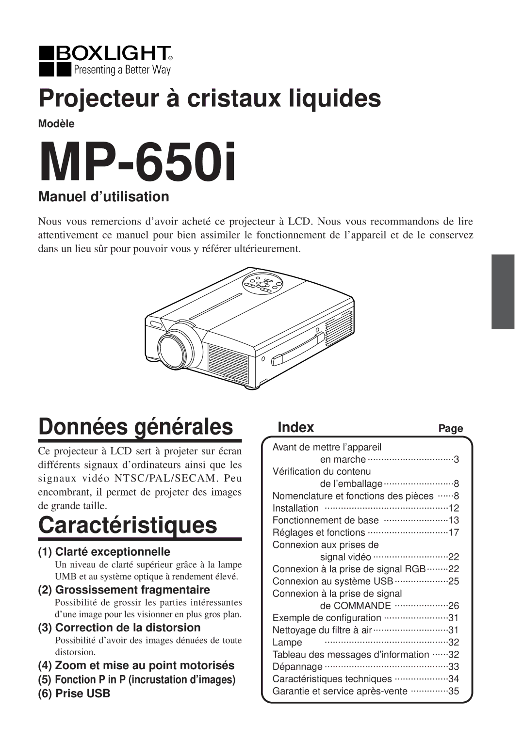 BOXLIGHT MP-650i user manual Données générales, Caractéristiques, Manuel d’utilisation, Index, Modèle 