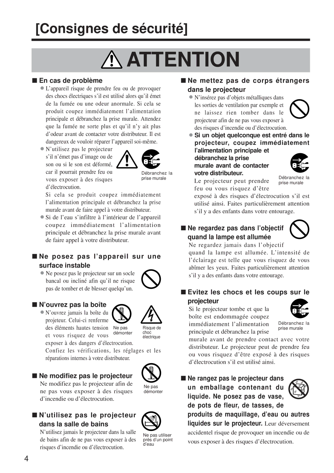 BOXLIGHT MP-650i user manual En cas de problème, Ne posez pas l’appareil sur une surface instable, ’ouvrez pas la boîte 