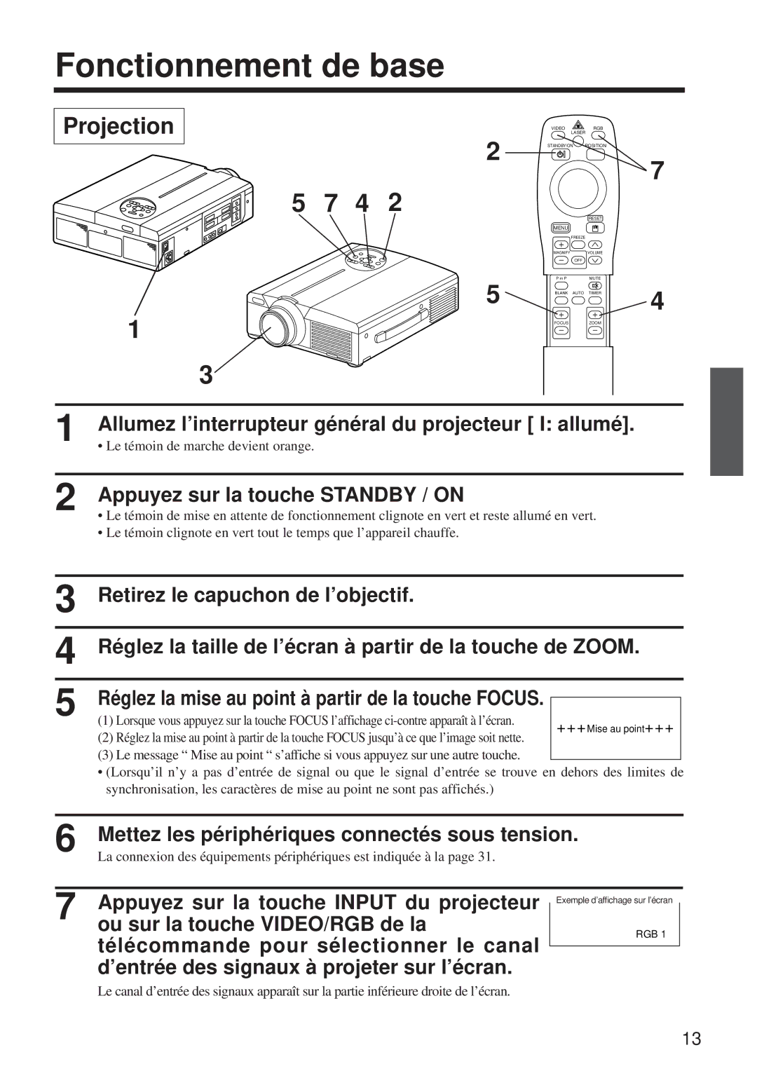 BOXLIGHT MP-650i user manual Fonctionnement de base, Projection, Allumez l’interrupteur général du projecteur I allumé 