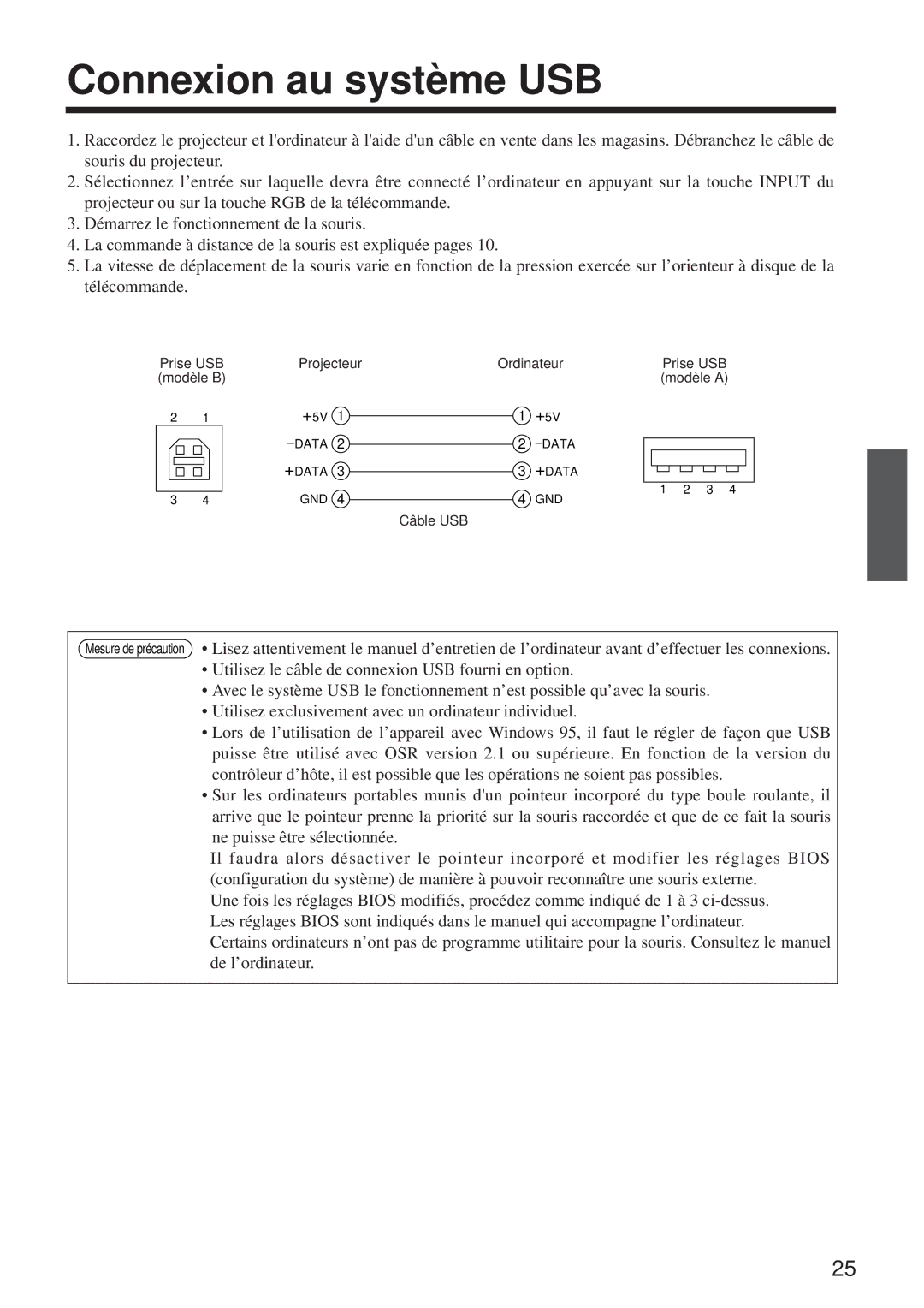 BOXLIGHT MP-650i user manual Connexion au système USB, Prise USB Projecteur Ordinateur, Câble USB 