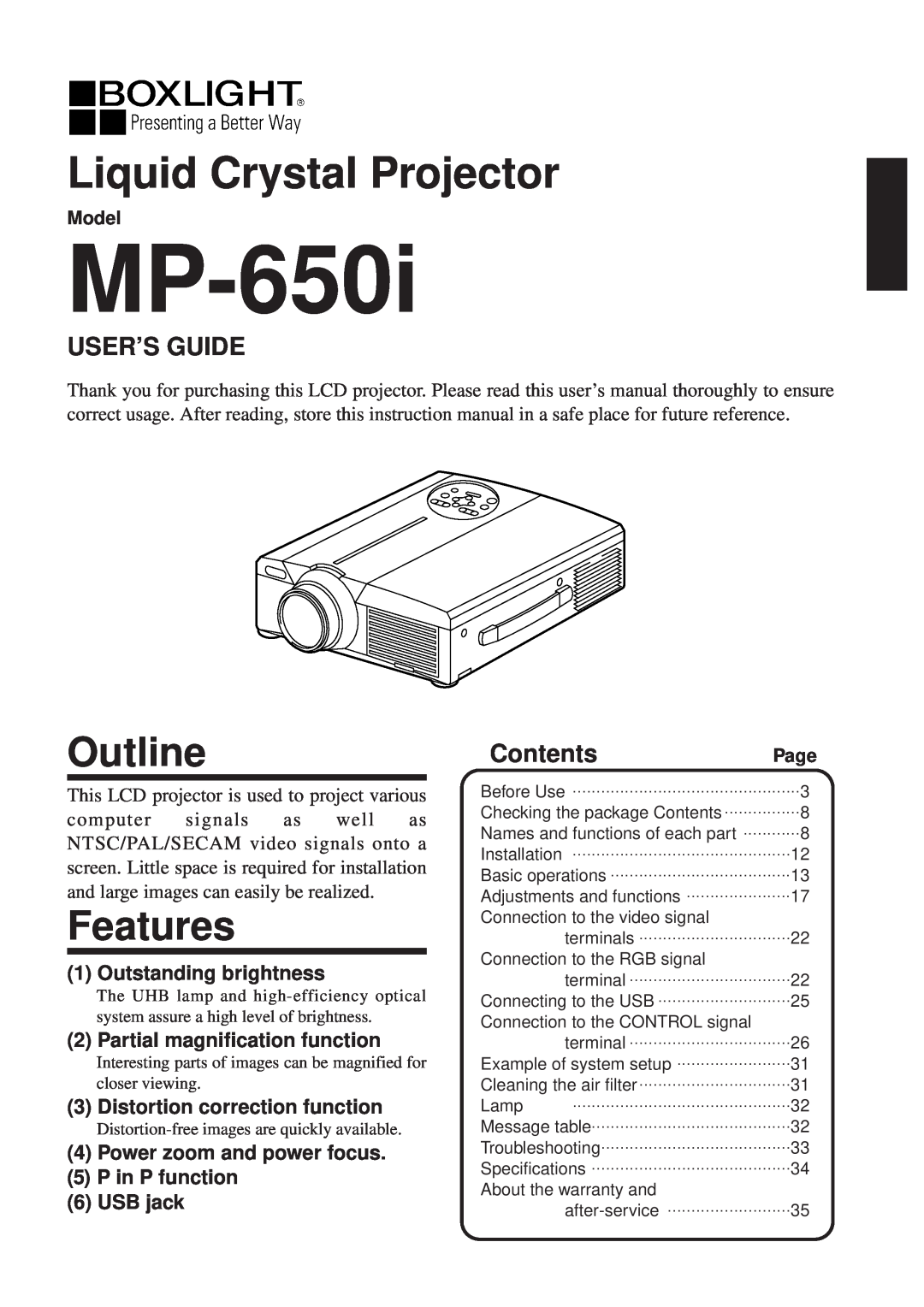 BOXLIGHT MP-650i user manual Liquid Crystal Projector, Outline, Features, User’S Guide, Contents, Outstanding brightness 