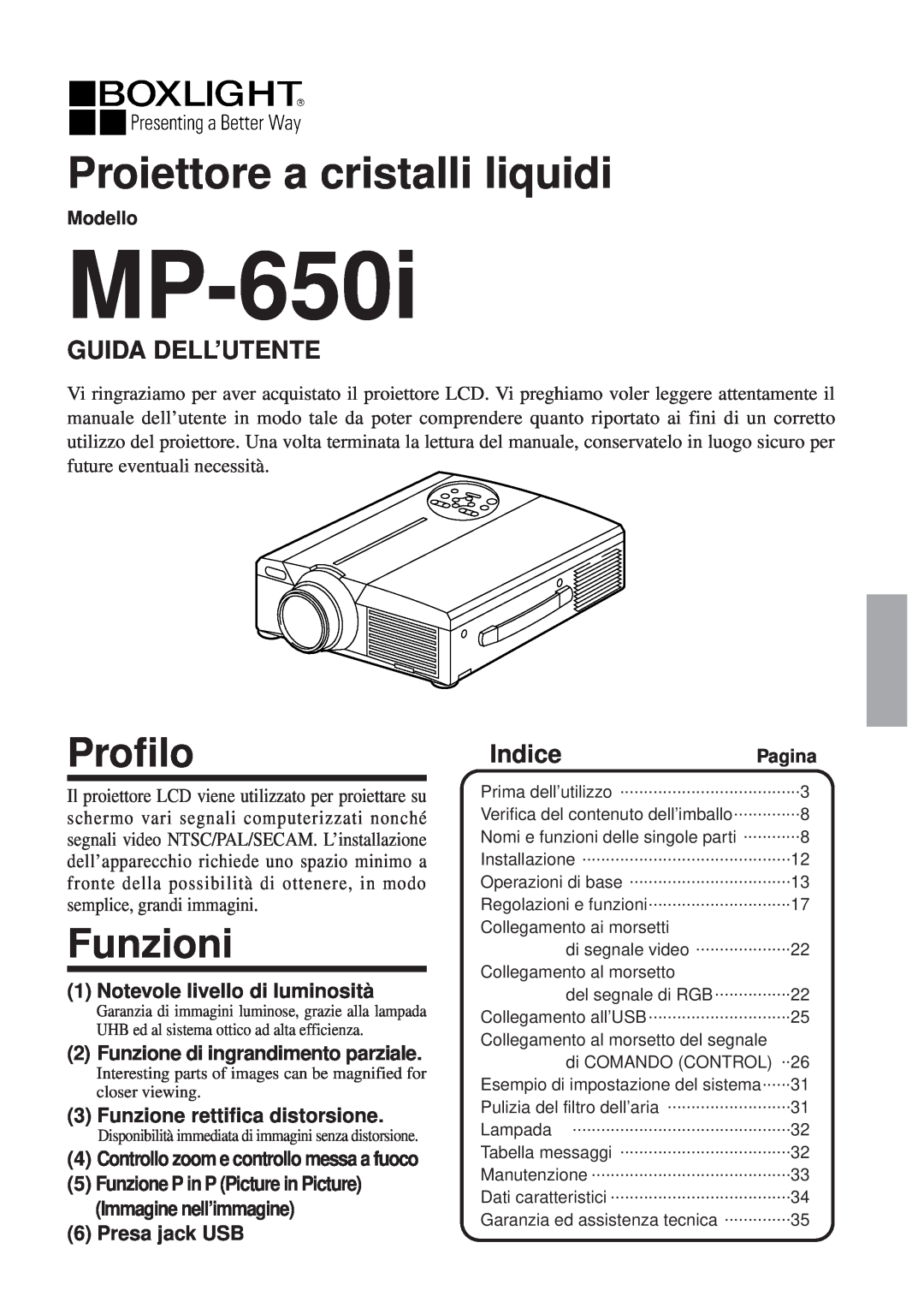 BOXLIGHT MP-650i Proiettore a cristalli liquidi, Profilo, Funzioni, Guida Dell’Utente, IndicePagina, Presa jack USB 