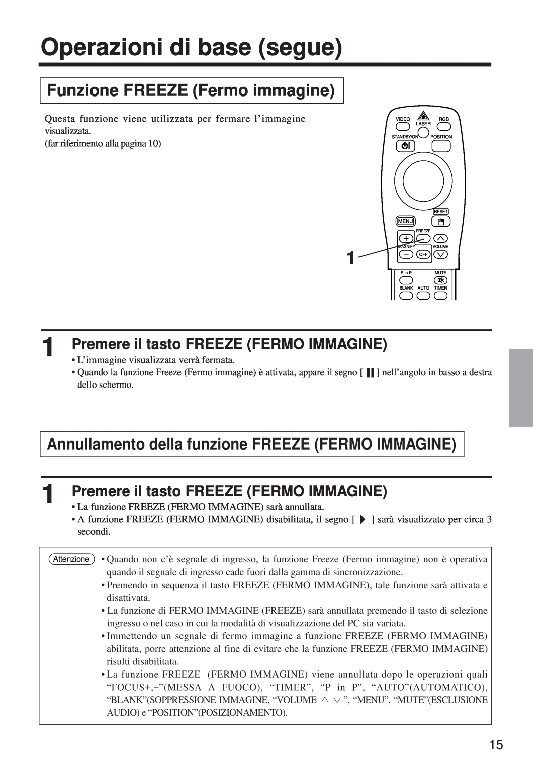 BOXLIGHT MP-650i user manual Funzione FREEZE Fermo immagine, Annullamento della funzione FREEZE FERMO IMMAGINE 