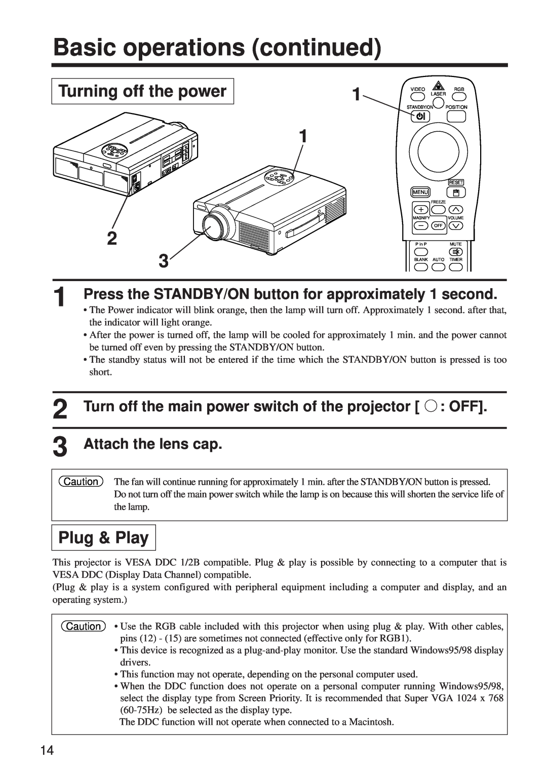 BOXLIGHT MP-650i user manual Basic operations continued, Turning off the power, Plug & Play, Attach the lens cap 
