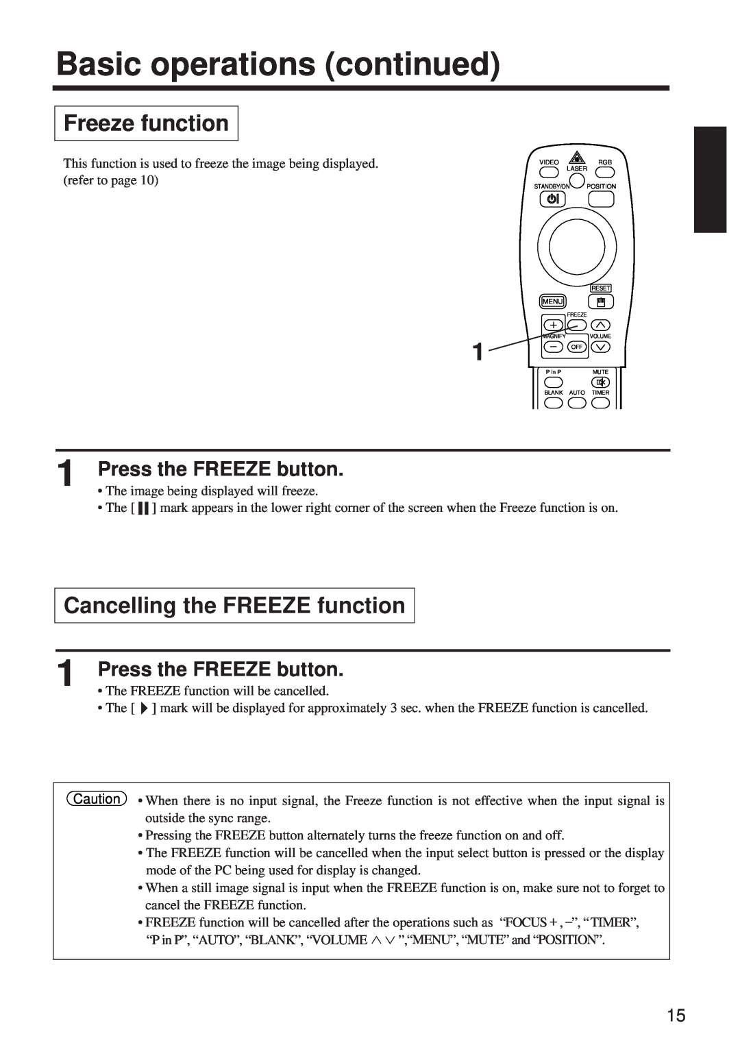 BOXLIGHT MP-650i Freeze function, Cancelling the FREEZE function, Press the FREEZE button, Basic operations continued 