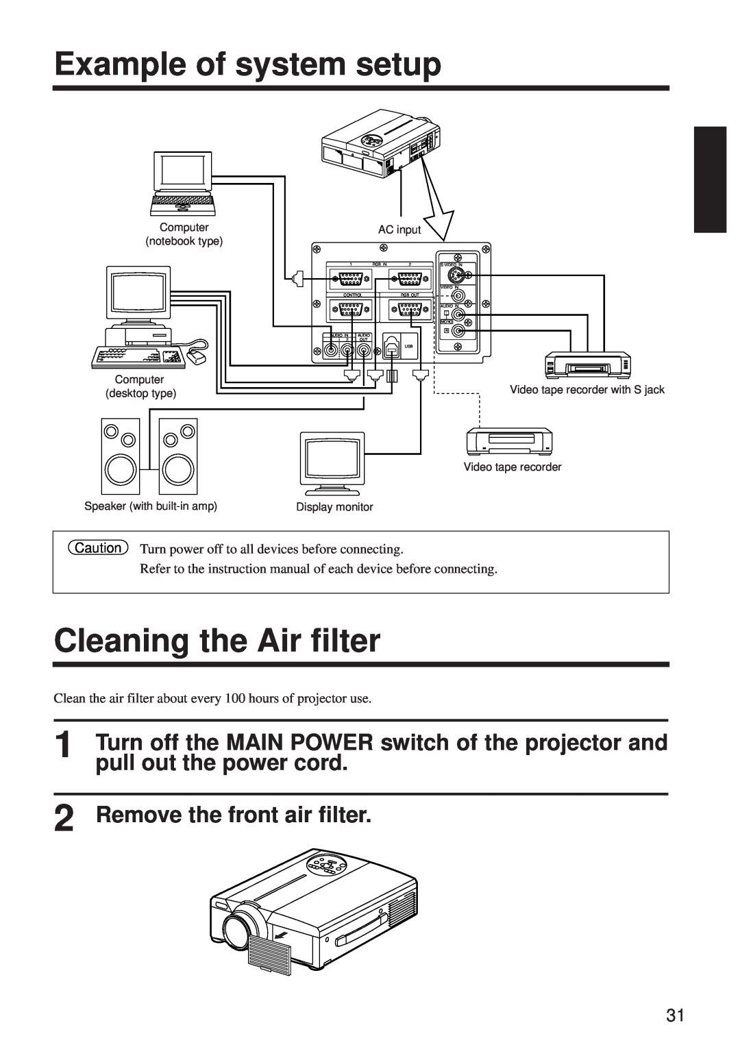 BOXLIGHT MP-650i Example of system setup, Cleaning the Air filter, pull out the power cord, Remove the front air filter 