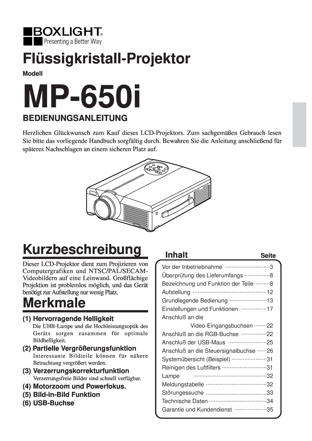 BOXLIGHT MP-650i Flüssigkristall-Projektor, Kurzbeschreibung, Merkmale, Bedienungsanleitung, Inhalt, Modell, Seite 