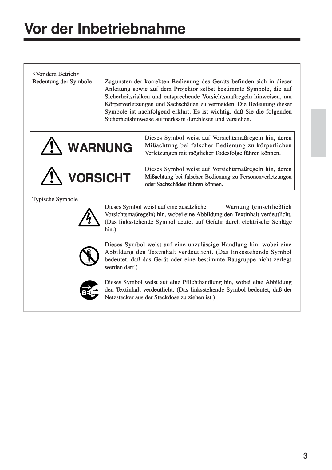 BOXLIGHT MP-650i user manual Vor der Inbetriebnahme, Warnung Vorsicht 