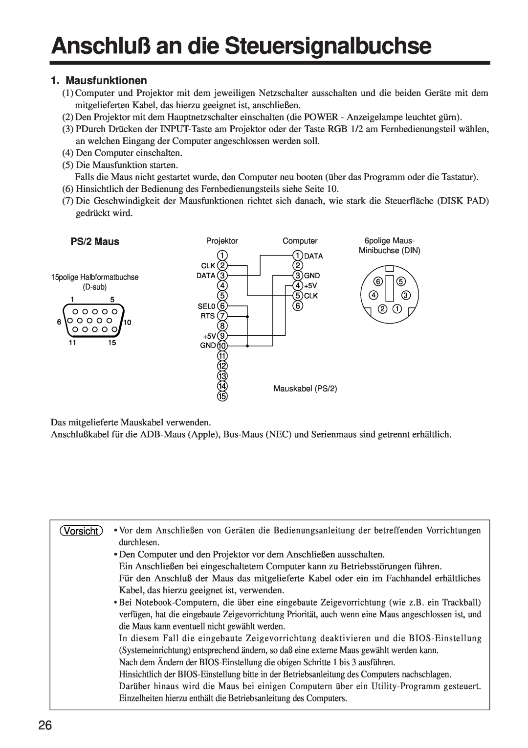 BOXLIGHT MP-650i user manual Anschluß an die Steuersignalbuchse, Mausfunktionen 