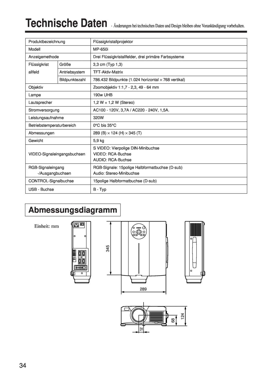 BOXLIGHT MP-650i user manual Abmessungsdiagramm, Einheit mm 