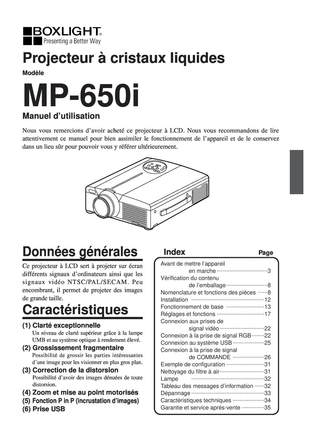 BOXLIGHT MP-650i Projecteur à cristaux liquides, Données générales, Caractéristiques, Manuel d’utilisation, Index 