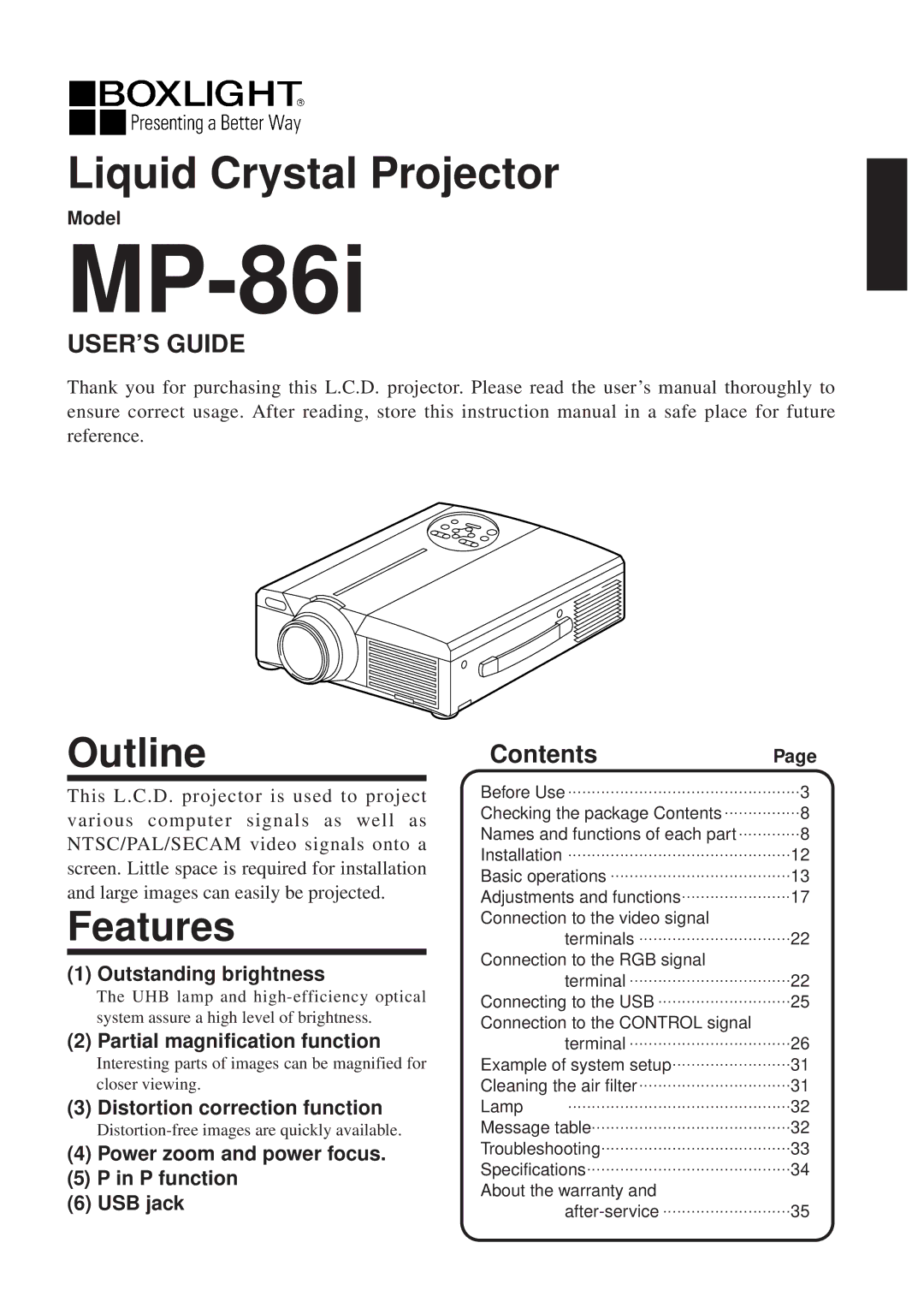 BOXLIGHT MP-86i user manual Outline, Features, Contents 