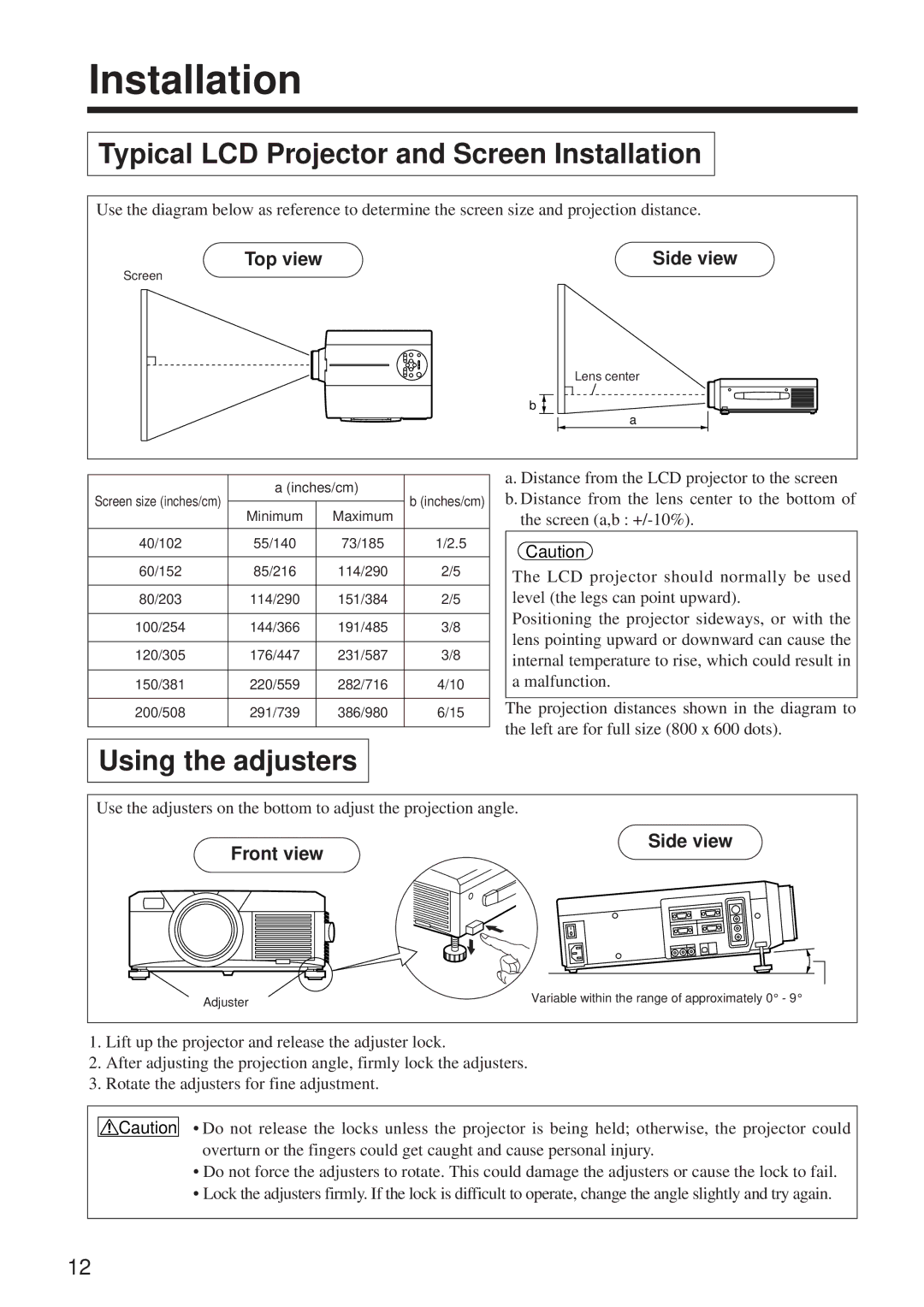 BOXLIGHT MP-86i user manual Typical LCD Projector and Screen Installation, Using the adjusters, Top view Side view 