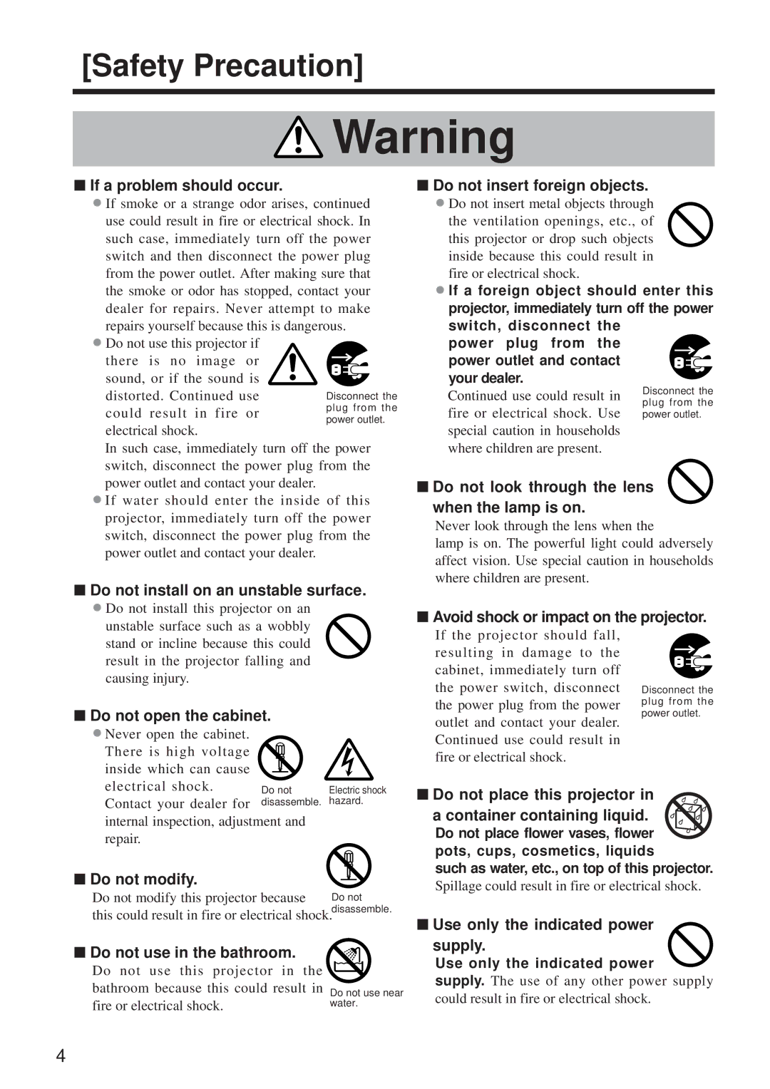 BOXLIGHT MP-86i user manual If a problem should occur, Do not install on an unstable surface, Do not insert foreign objects 