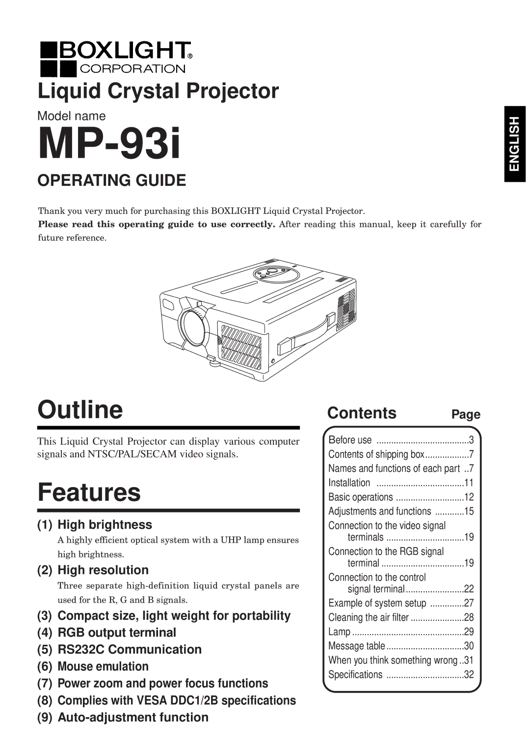 BOXLIGHT MP-93i specifications Outline, Features, Operating Guide, Contents 