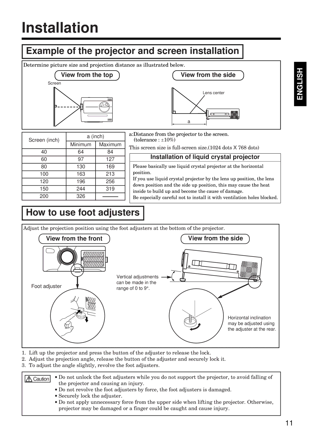 BOXLIGHT MP-93i specifications Installation, Example of the projector and screen installation, How to use foot adjusters 