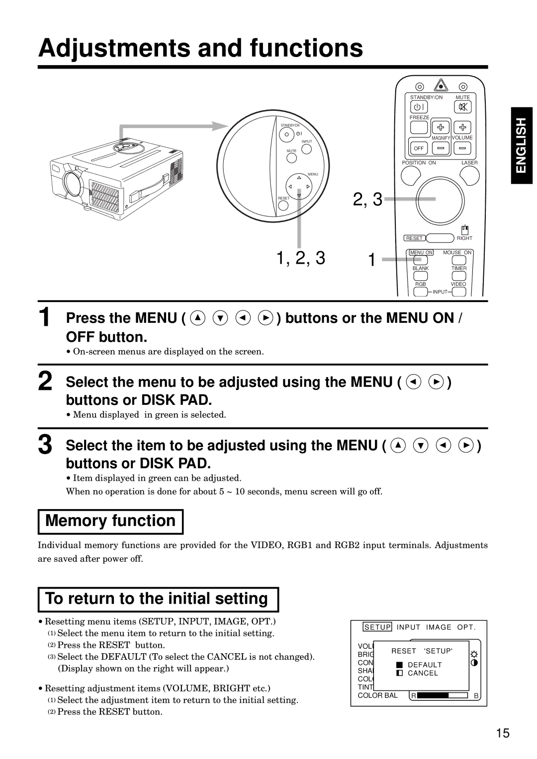 BOXLIGHT MP-93i specifications Adjustments and functions, Memory function, To return to the initial setting 