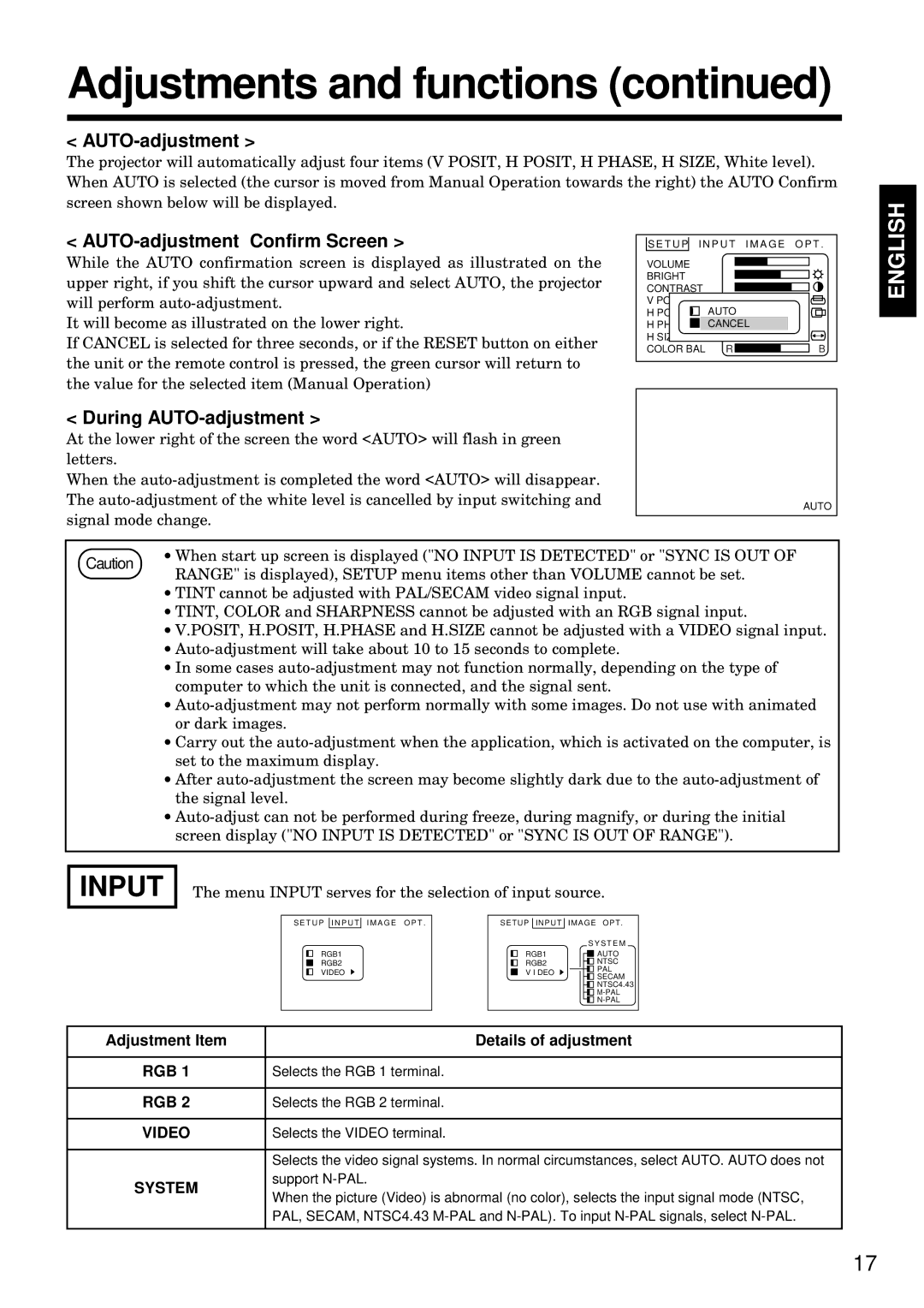 BOXLIGHT MP-93i Input, AUTO-adjustment Confirm Screen, During AUTO-adjustment, Adjustment Item Details of adjustment 