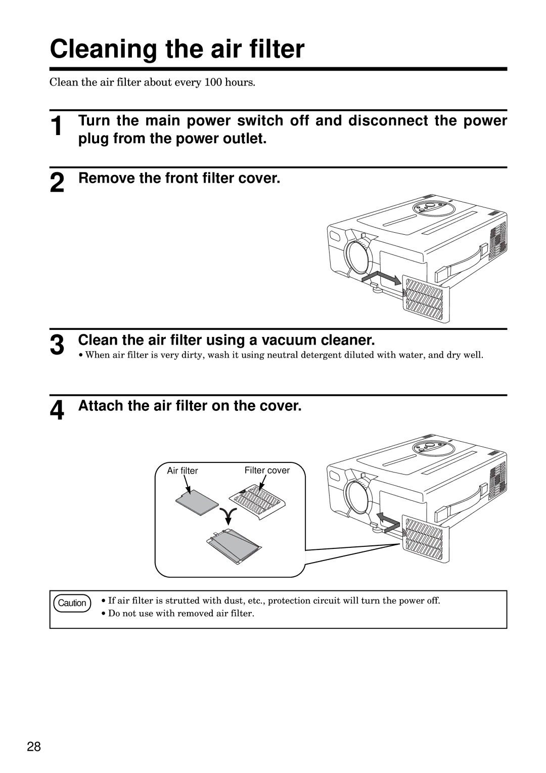 BOXLIGHT MP-93i specifications Cleaning the air filter, Air filter Filter cover, Do not use with removed air filter 