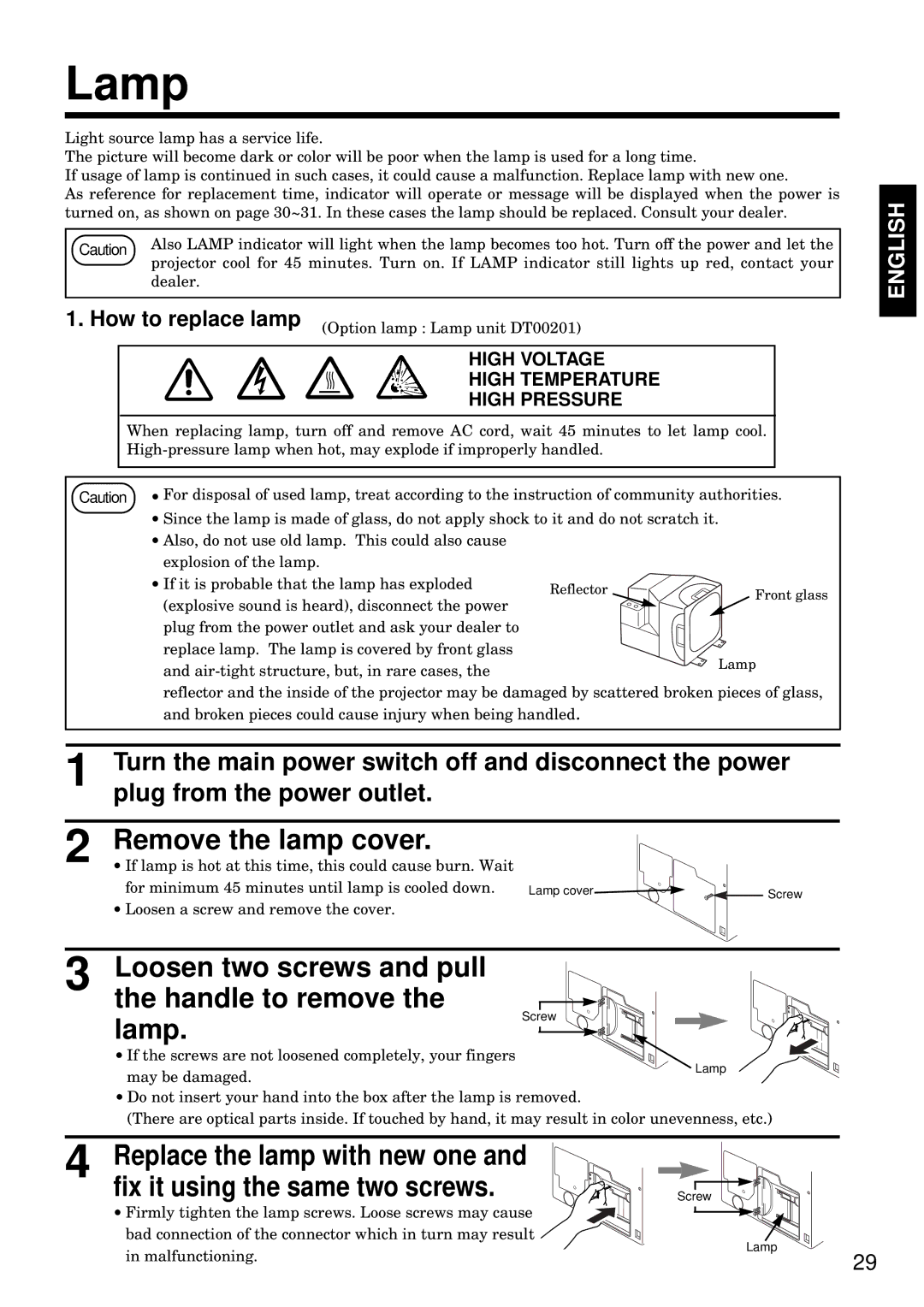 BOXLIGHT MP-93i Remove the lamp cover, Loosen two screws and pull the handle to remove Lamp, How to replace lamp 