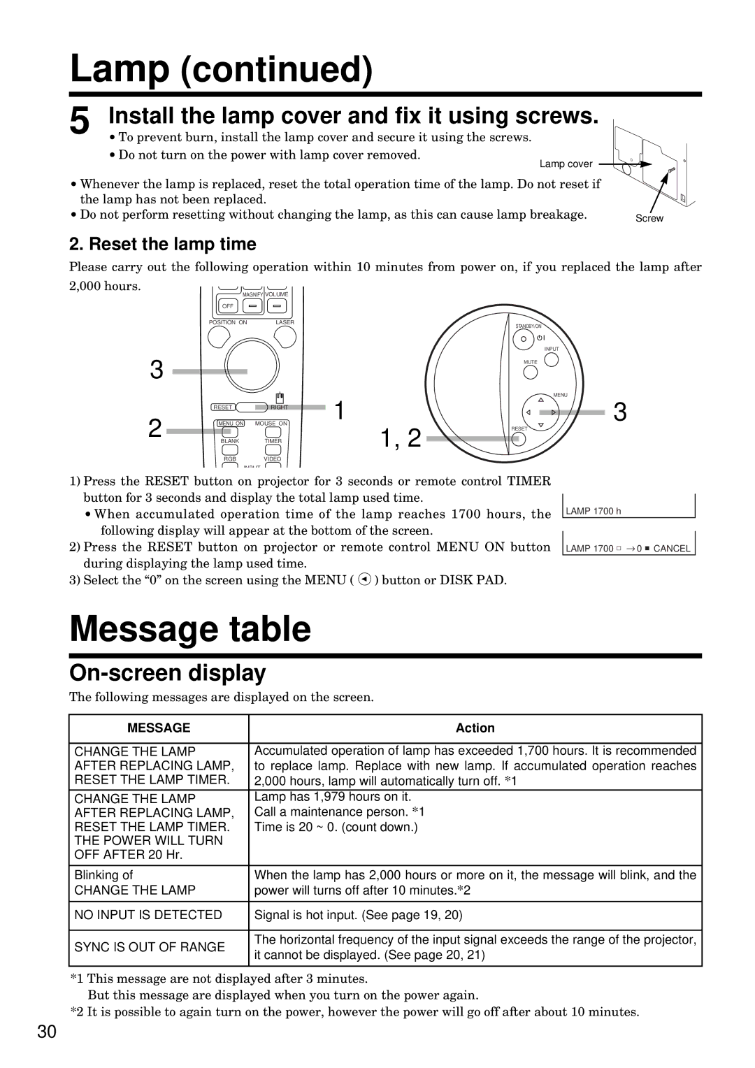 BOXLIGHT MP-93i specifications Lamp, Message table, Install the lamp cover and fix it using screws, On-screen display 