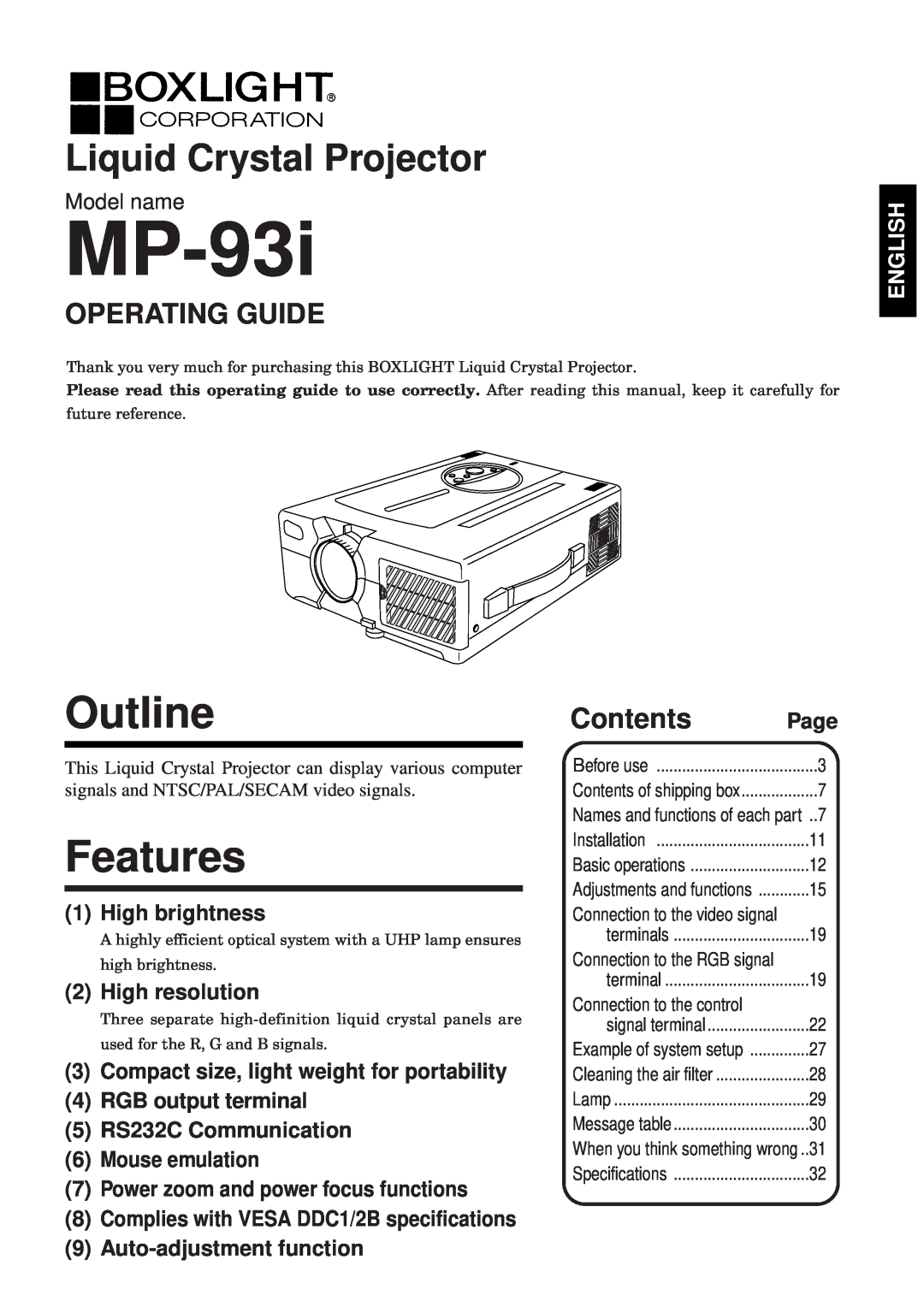 BOXLIGHT MP-93i specifications Outline, Features, Liquid Crystal Projector, Operating Guide, Contents, Model name, English 