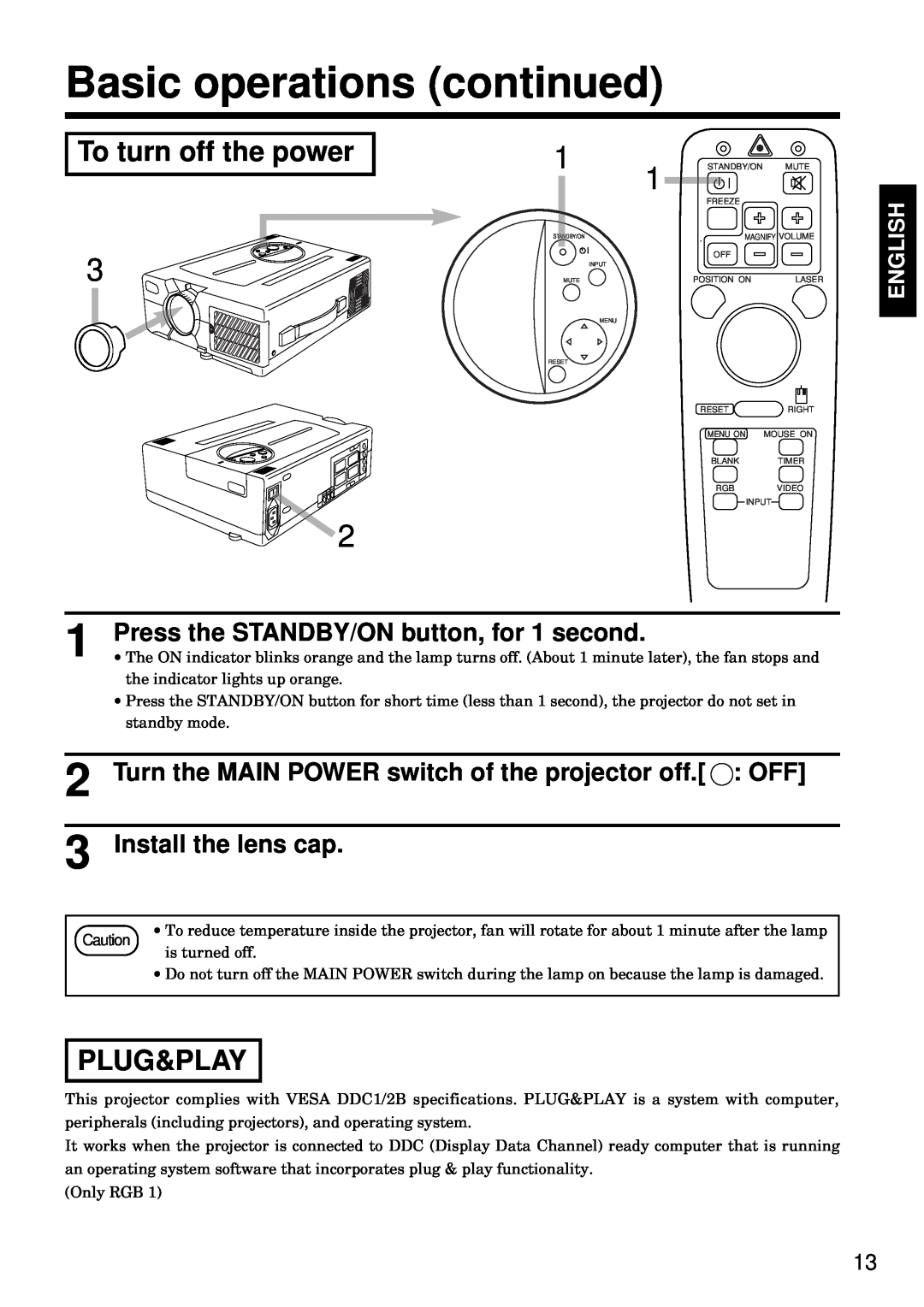 BOXLIGHT MP-93i Basic operations continued, To turn off the power, Plug&Play, Press the STANDBY/ON button, for 1 second 