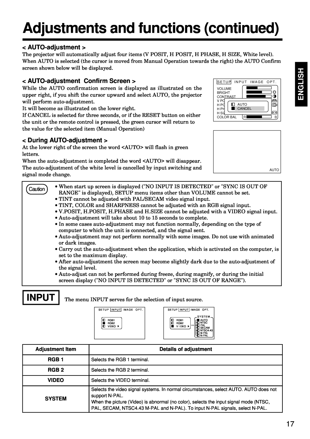 BOXLIGHT MP-93i Input, AUTO-adjustment Confirm Screen, During AUTO-adjustment, Adjustments and functions continued 