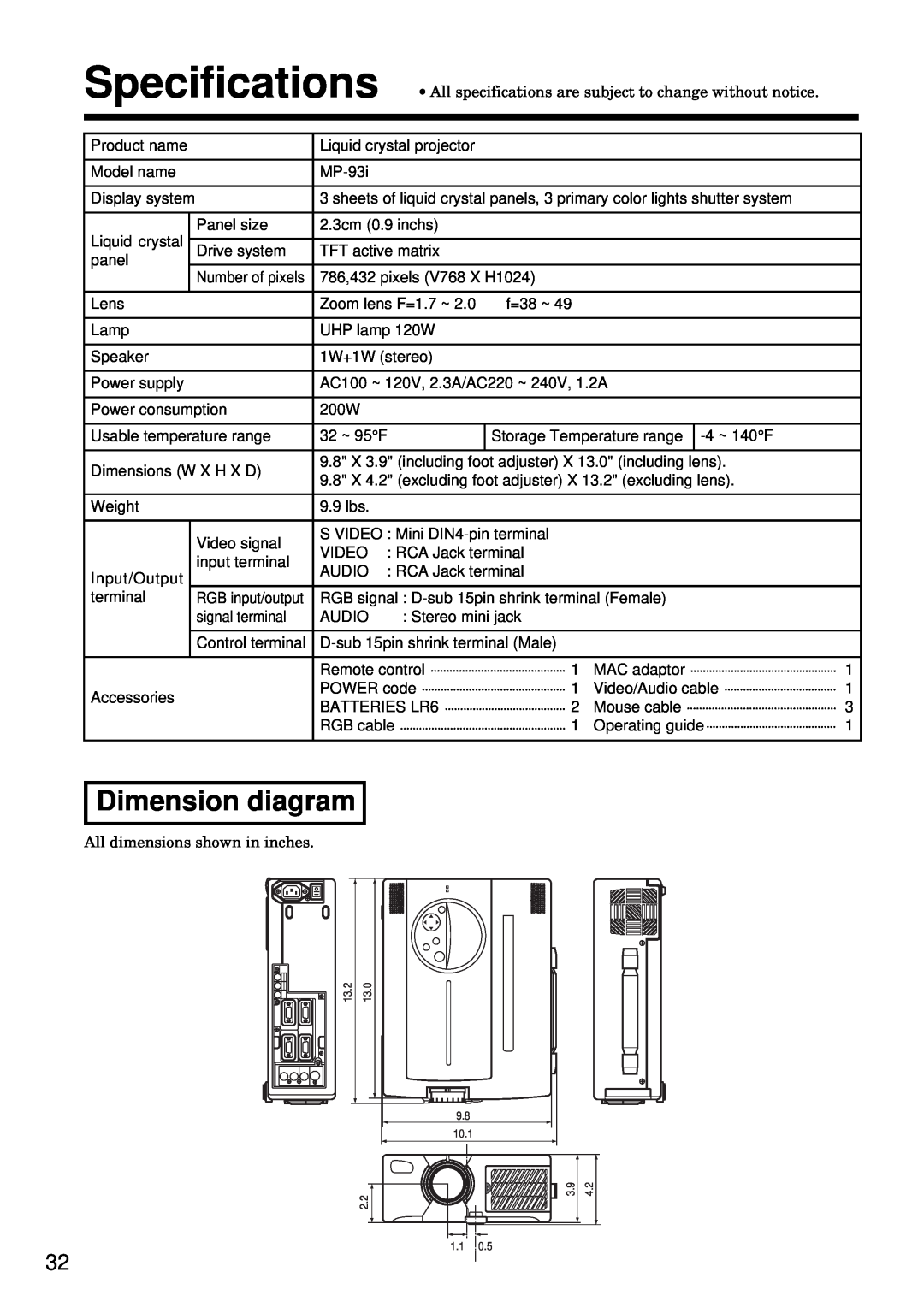 BOXLIGHT MP-93i specifications Dimension diagram, All dimensions shown in inches 