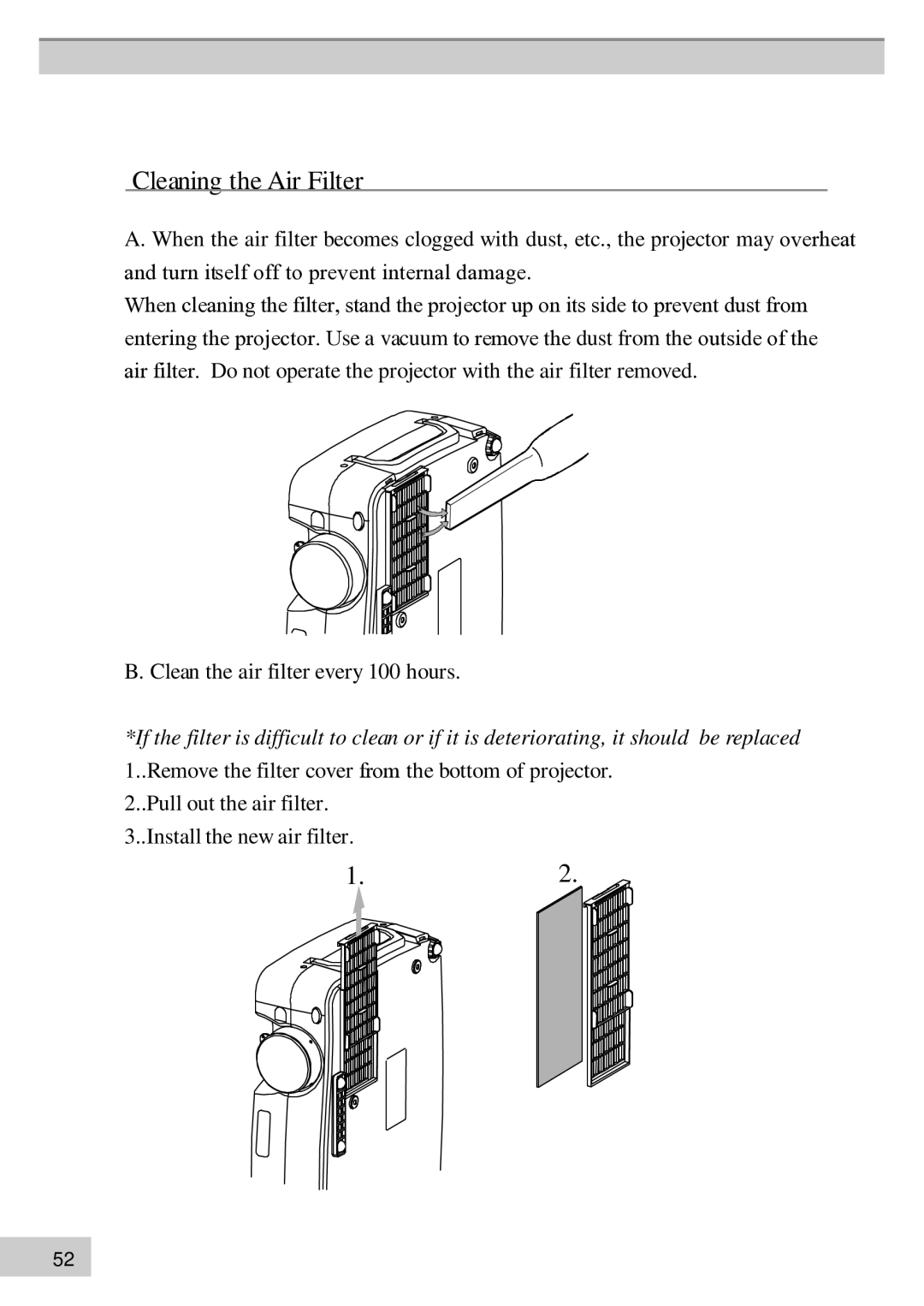 BOXLIGHT MP63e, MP60e manual Cleaning the Air Filter 