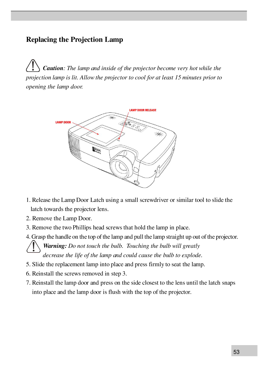 BOXLIGHT MP60e, MP63e manual Replacing the Projection Lamp 