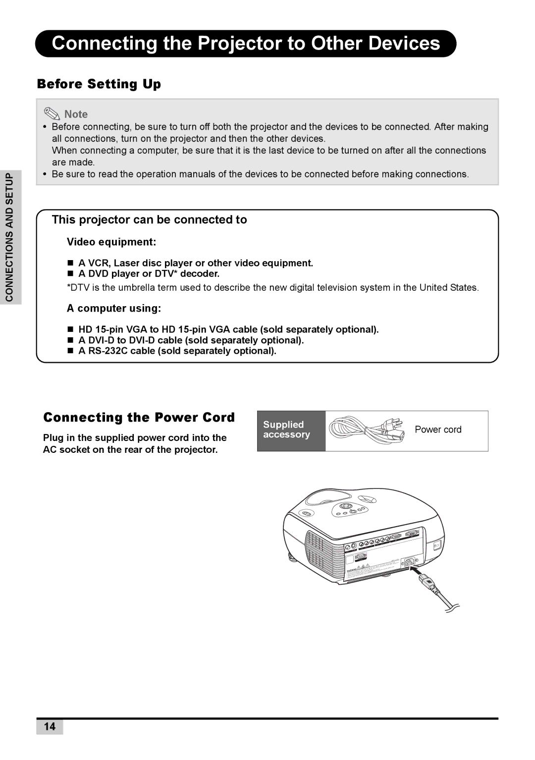 BOXLIGHT PREMIERE 30HD manual Connecting the Projector to Other Devices, Before Setting Up, Connecting the Power Cord 