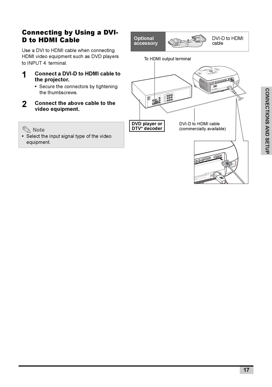 BOXLIGHT PREMIERE 30HD manual Connecting by Using a DVI- D to Hdmi Cable, Projector, Connect the above cable to 