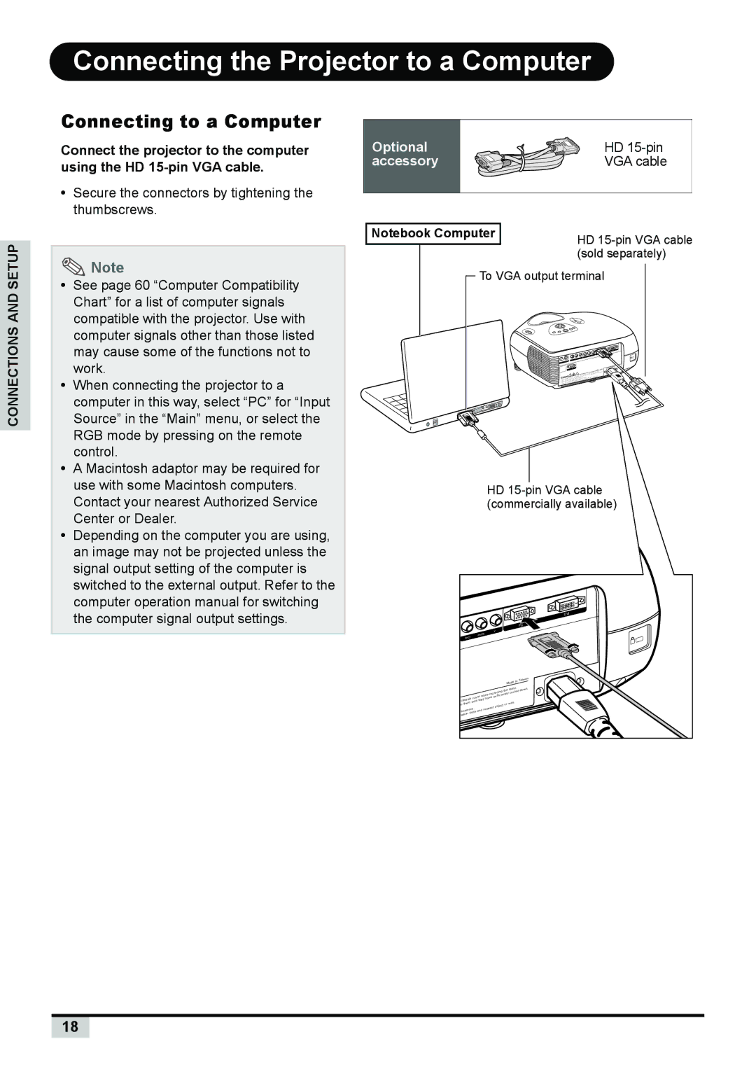 BOXLIGHT PREMIERE 30HD manual Connecting the Projector to a Computer, Connecting to a Computer 