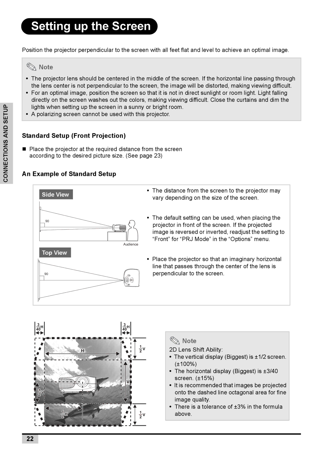 BOXLIGHT PREMIERE 30HD manual Setting up the Screen, Standard Setup Front Projection, An Example of Standard Setup 