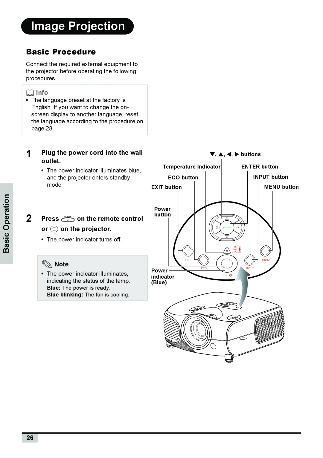 BOXLIGHT PREMIERE 30HD manual Image Projection, Basic Procedure, Outlet, Press, Or on the projector 