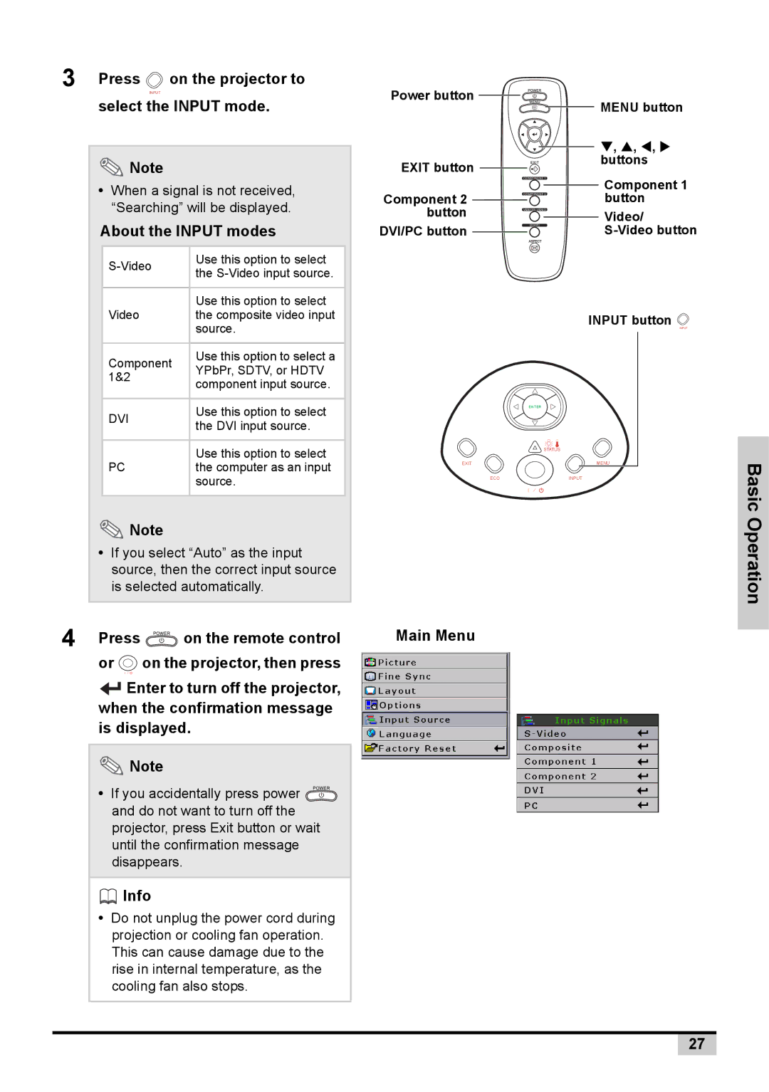 BOXLIGHT PREMIERE 30HD manual Press on the projector to, Select the Input mode, About the Input modes, Info 