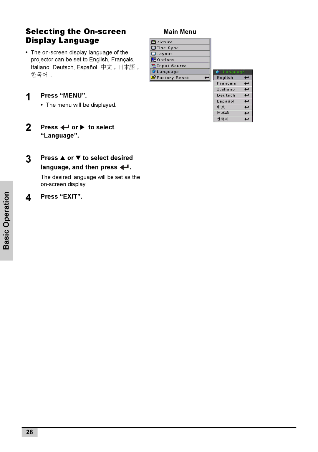 BOXLIGHT PREMIERE 30HD manual Basic Operation Selecting the On-screen, Display Language 