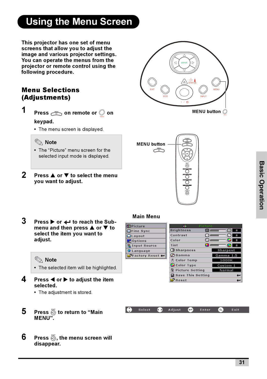 BOXLIGHT PREMIERE 30HD manual Using the Menu Screen, Menu Selections Adjustments, Operation 