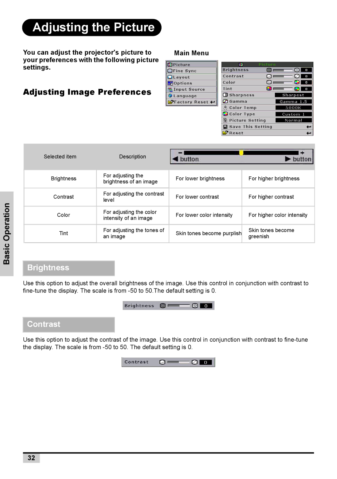 BOXLIGHT PREMIERE 30HD manual Adjusting the Picture, Adjusting Image Preferences Basic Operation 