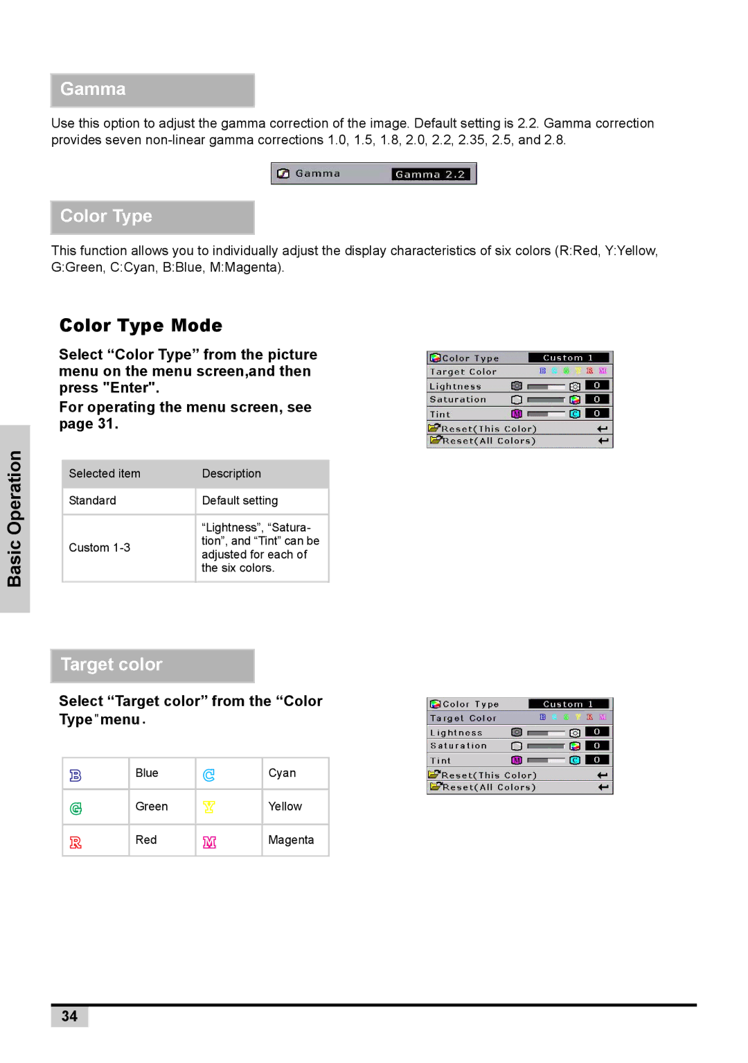 BOXLIGHT PREMIERE 30HD manual Color Type Mode, Select Target color from the Color Typemenu 