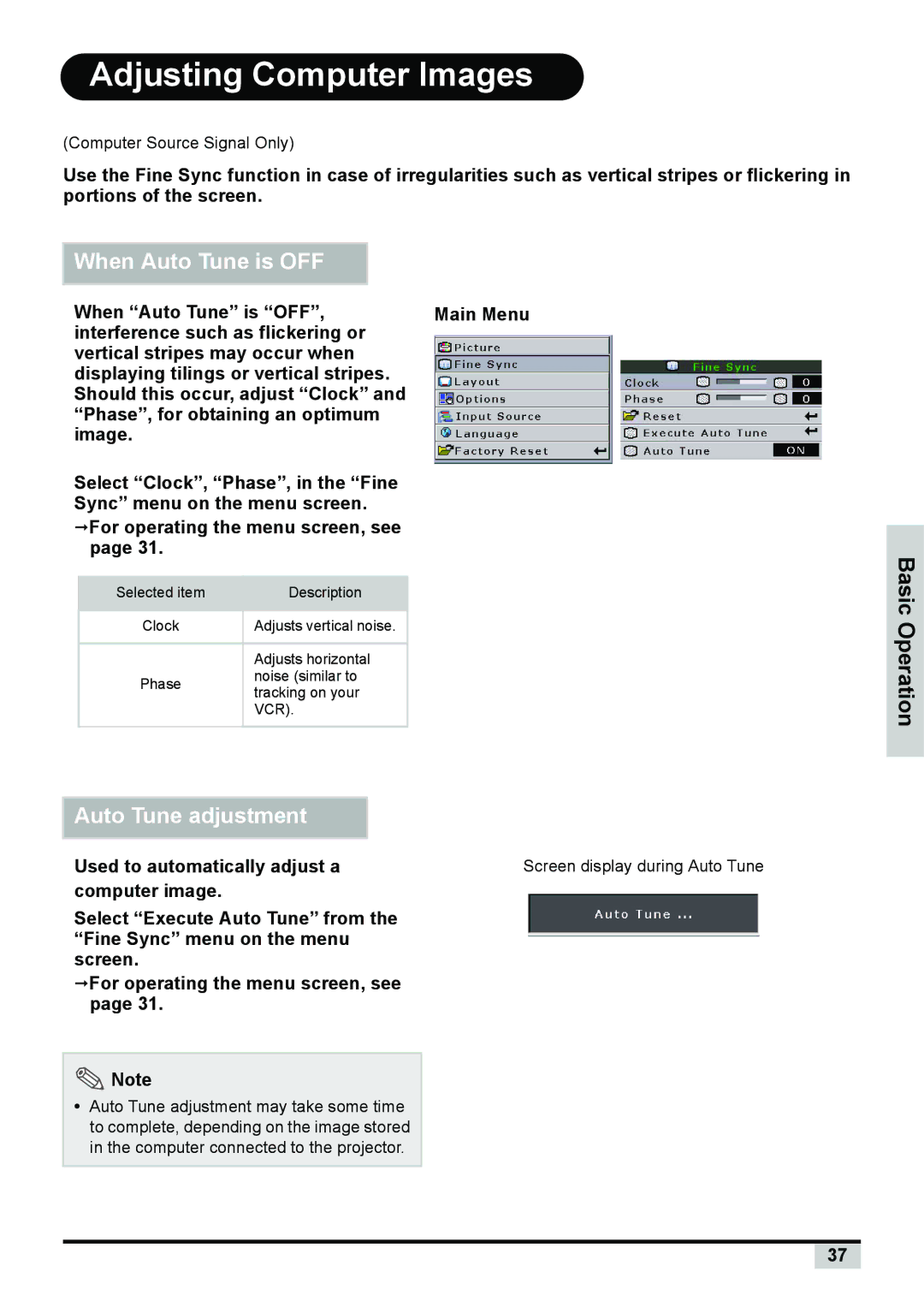 BOXLIGHT PREMIERE 30HD manual Adjusting Computer Images, When Auto Tune is OFF, Used to automatically adjust a 