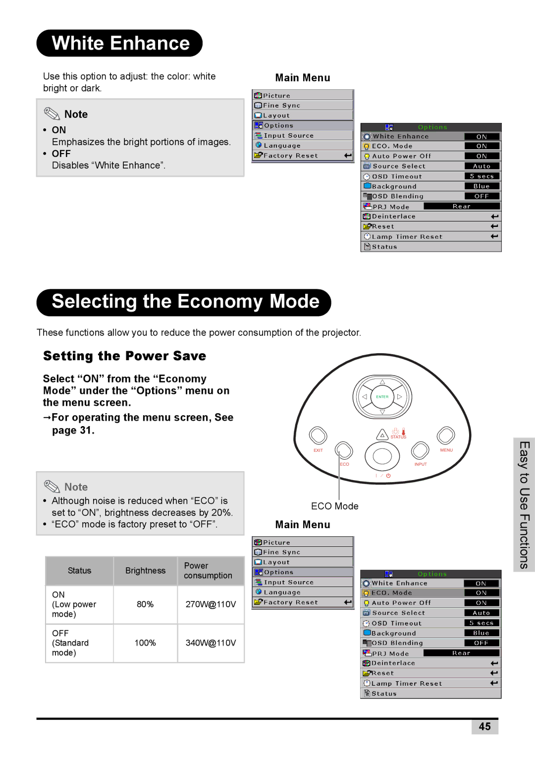 BOXLIGHT PREMIERE 30HD manual White Enhance, Selecting the Economy Mode, Setting the Power Save 