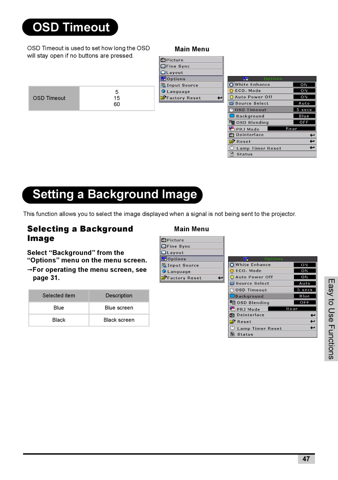 BOXLIGHT PREMIERE 30HD manual OSD Timeout, Setting a Background Image, Selecting a Background 