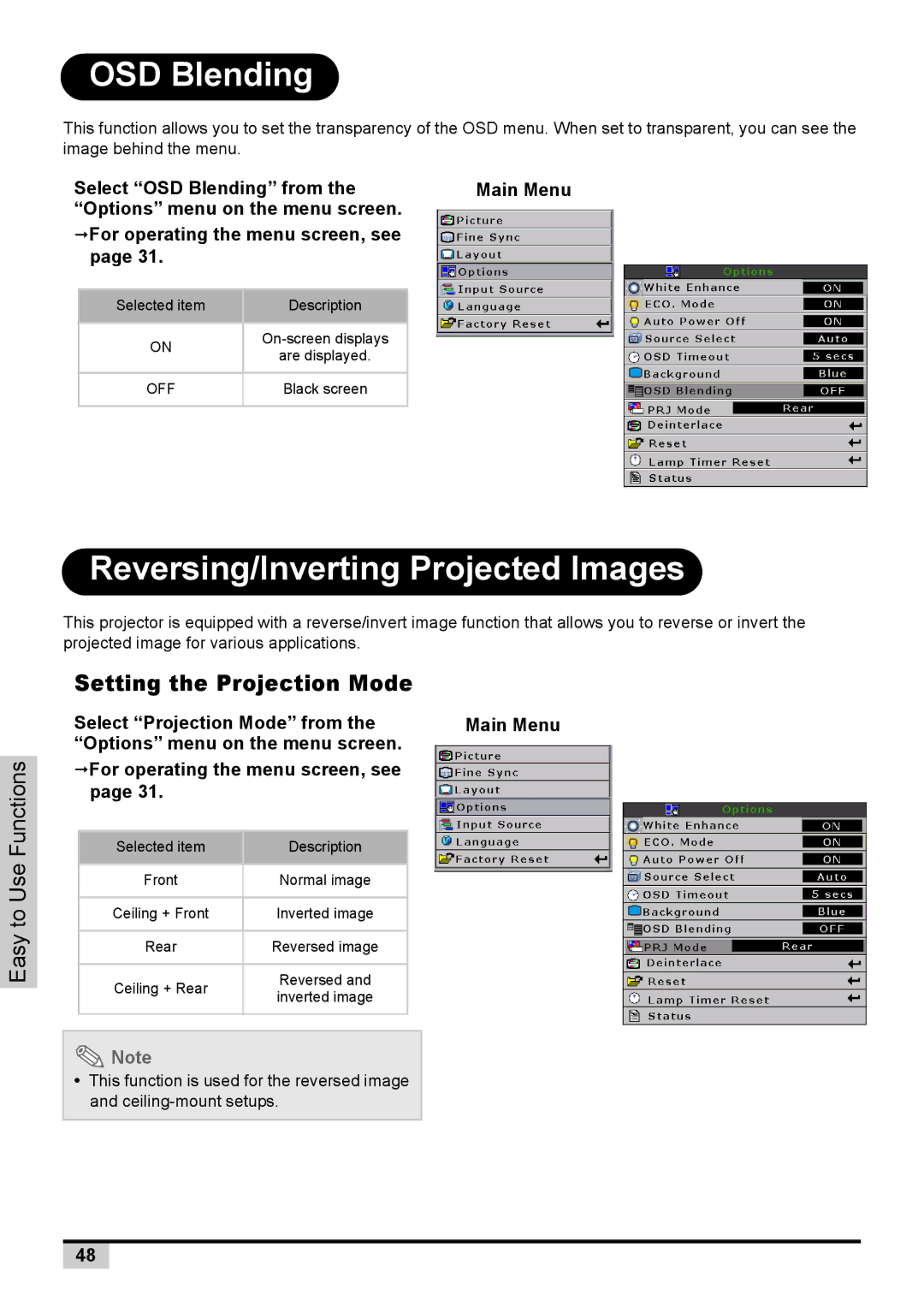 BOXLIGHT PREMIERE 30HD manual OSD Blending, Reversing/Inverting Projected Images, Setting the Projection Mode 