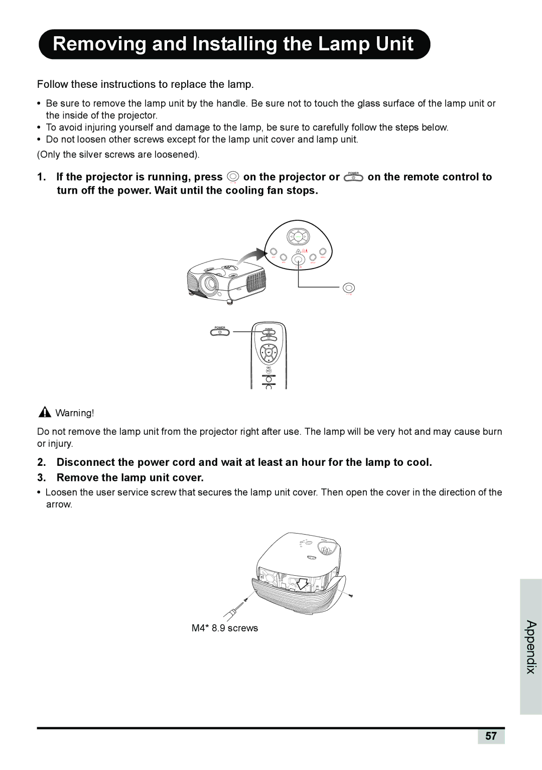 BOXLIGHT PREMIERE 30HD manual Removing and Installing the Lamp Unit, Follow these instructions to replace the lamp 