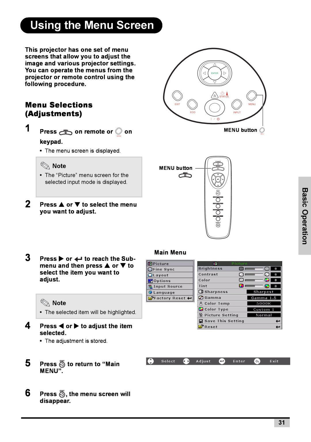BOXLIGHT PREMIERE 30HD manual Using the Menu Screen, Menu Selections Adjustments, Operation, Press, on remote or, keypad 