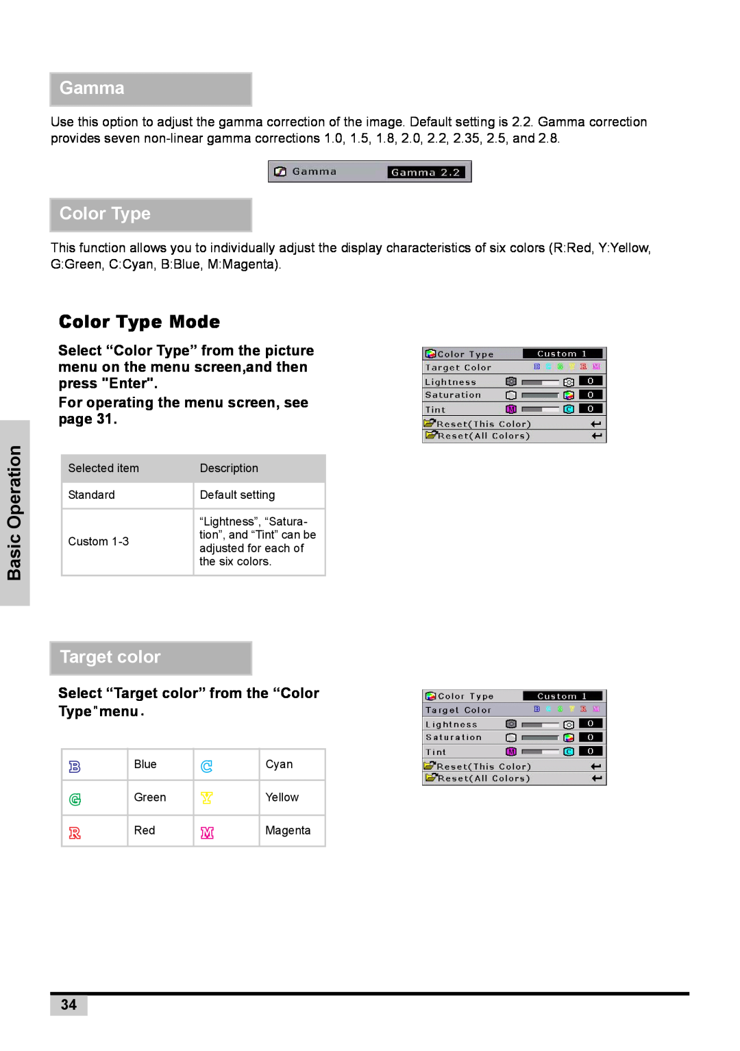 BOXLIGHT PREMIERE 30HD Gamma, Color Type Mode, Target color, For operating the menu screen, see page, Basic Operation 