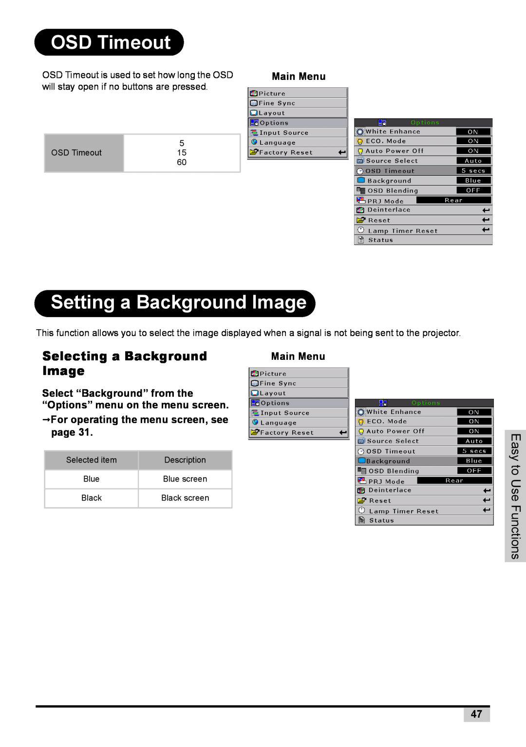 BOXLIGHT PREMIERE 30HD OSD Timeout, Setting a Background Image, Selecting a Background, Select “Background” from the, page 