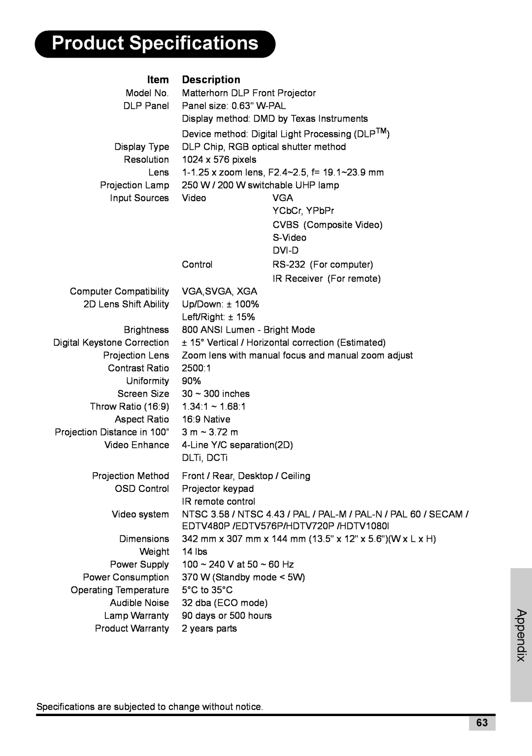 BOXLIGHT PREMIERE 30HD manual Product Specifications, Description, Appendix 